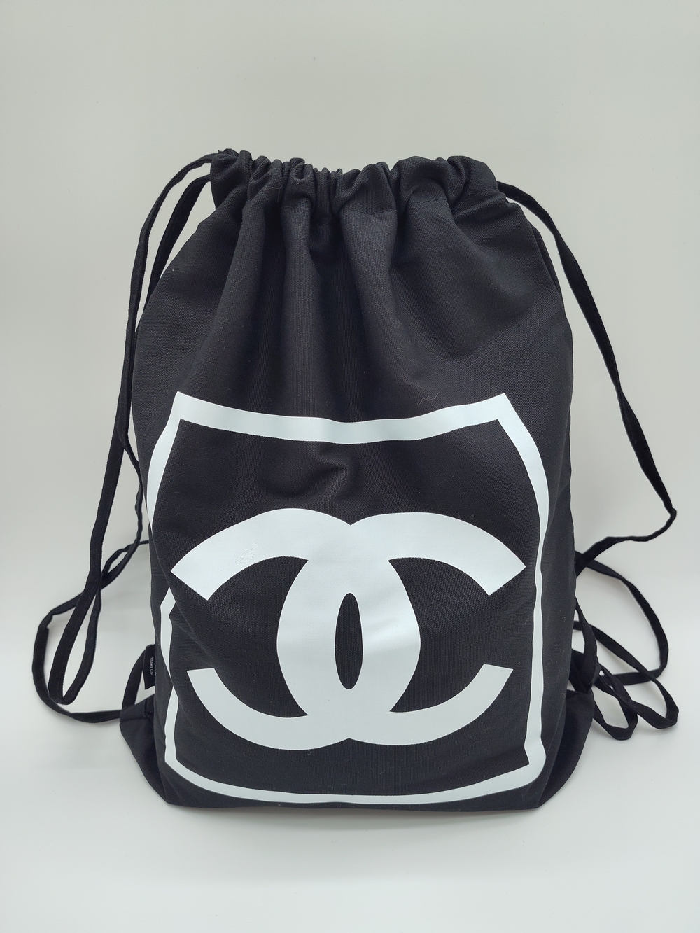 CHANEL Makeup Drawstring Canvas Backpack Black CC Logo Travel Gym Bag 16.5x12.5 - Picture 1 of 7